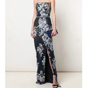 Marchesa Navy and Silver Floral Strapless Gown